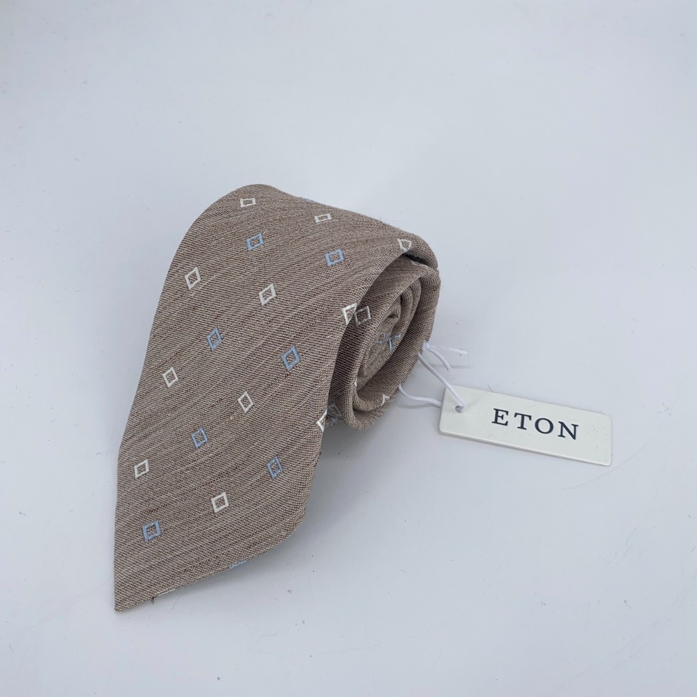 Eton Tie Mens Beige Geometric Silk Linen Blend Classic Fit Luxury Necktie NWT